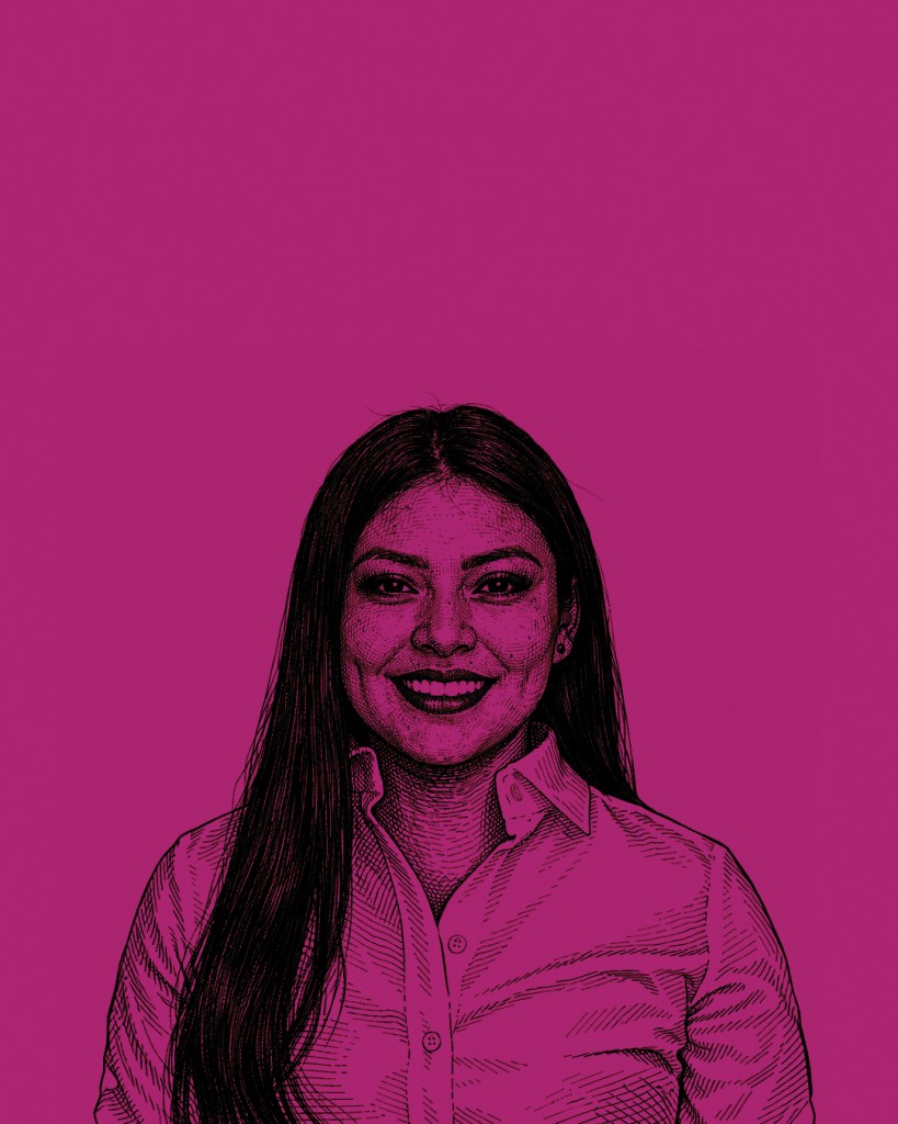 Illustration of a woman with long hair, smiling, wearing a collared shirt, set against a solid purple background.