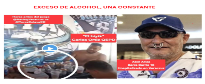 A collage featuring a gathering before a sports game, highlighting excessive alcohol consumption, with text referencing Carlos Ortiz and Abel Ariza.