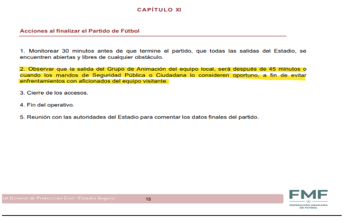 Text excerpt outlining actions to take after a football match, focusing on monitoring exits and managing crowd safety.