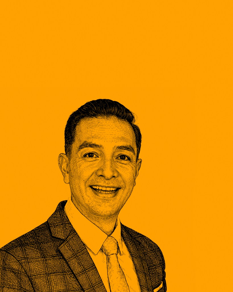 A smiling man in a suit and tie, drawn in an illustrated style, set against a bright orange background.