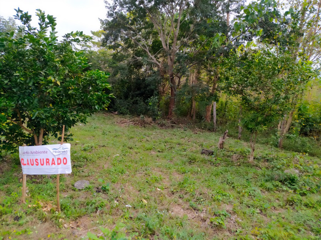 A green area with trees and underbrush, featuring a sign that reads 'Clausurado' indicating the site is closed.