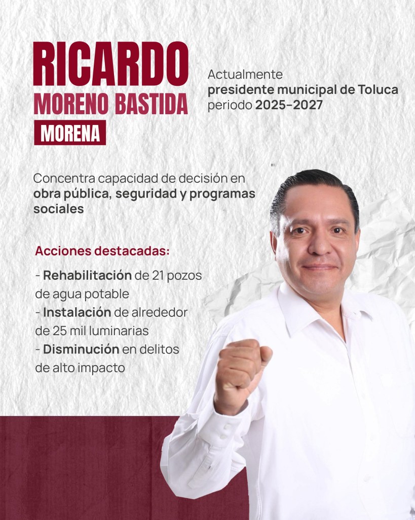 Imagen de Ricardo Moreno Bastida, presidente municipal de Toluca, con un fondo claro y textos que destacan su labor en obra pública, seguridad y programas sociales, así como sus acciones destacadas.
