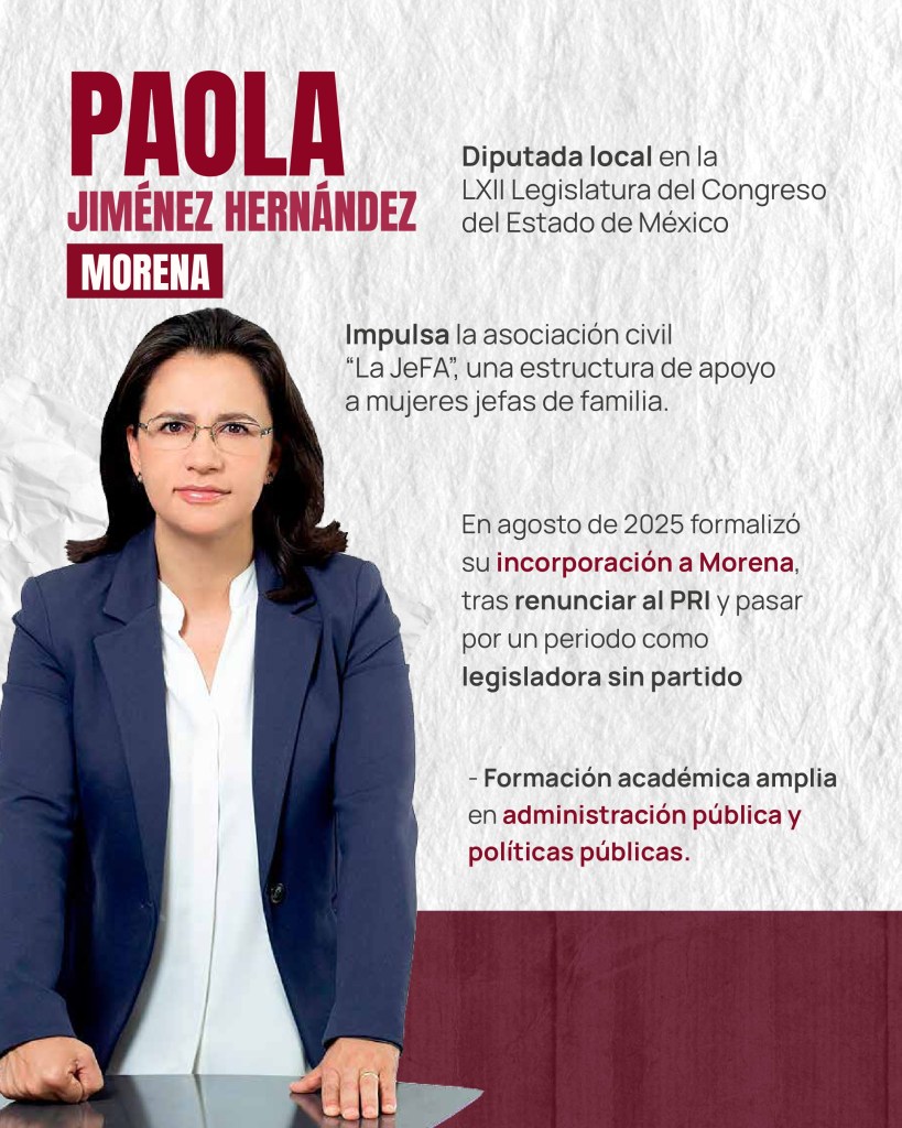 Paola Jiménez Hernández, diputada local en la LXII Legislatura del Estado de México, con un fondo blanco, vestida con chaqueta oscura y blusa blanca, promoviendo la asociación civil 'La JeFA', enfocada en el apoyo a mujeres jefas de familia.