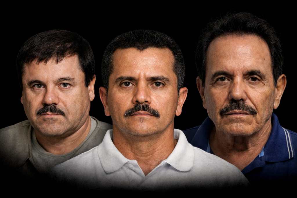 Retrato de tres hombres con bigotes, miradas serias y fondo oscuro.