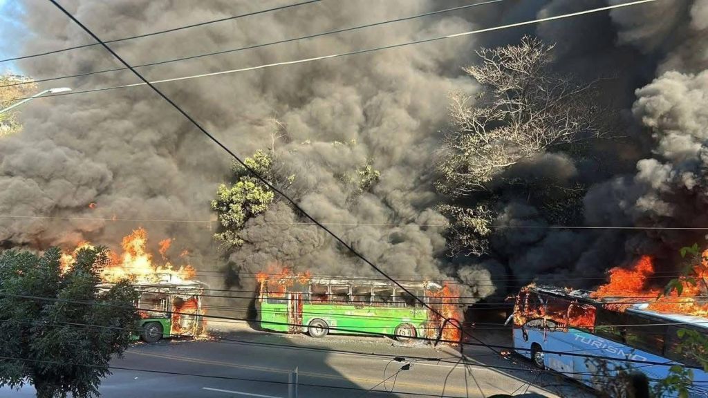 Autobuses en llamas rodeados de densa nube de humo negro.