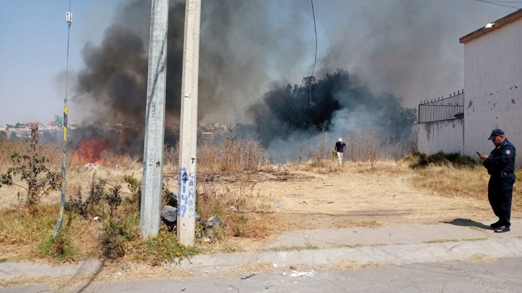 A fire burning in dry grassland with thick black smoke rising into the air. A police officer stands nearby, while a person walks further into the smoke.