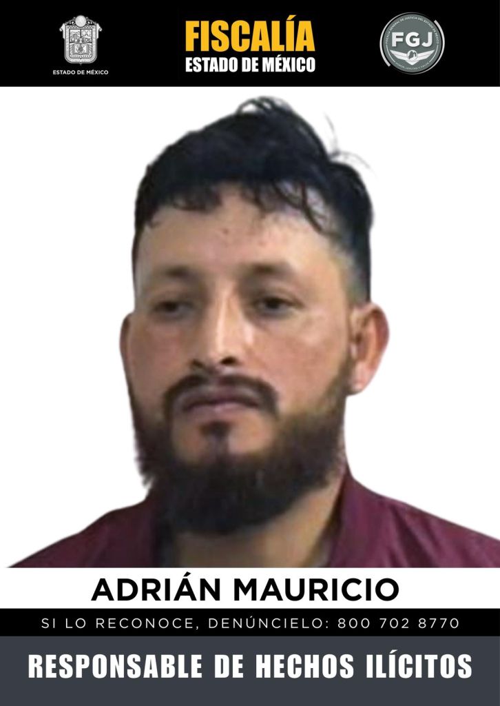 Mugshot of a man named Adrián Mauricio, wanted for illicit activities. The image includes a call to report sightings to the authorities.