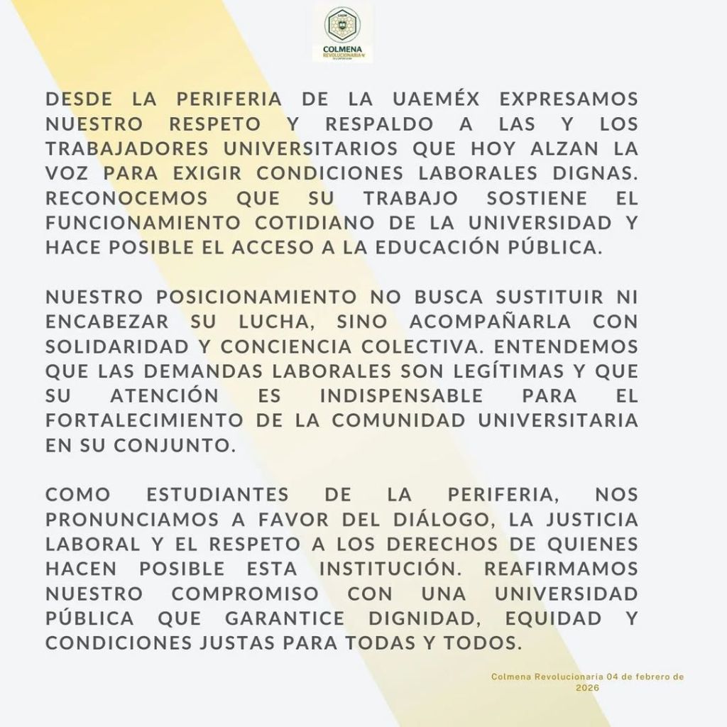 A statement from Colmena Revolucionaria supporting university workers' rights, emphasizing solidarity and the importance of quality working conditions for access to public education. Dated February 4, 2026.