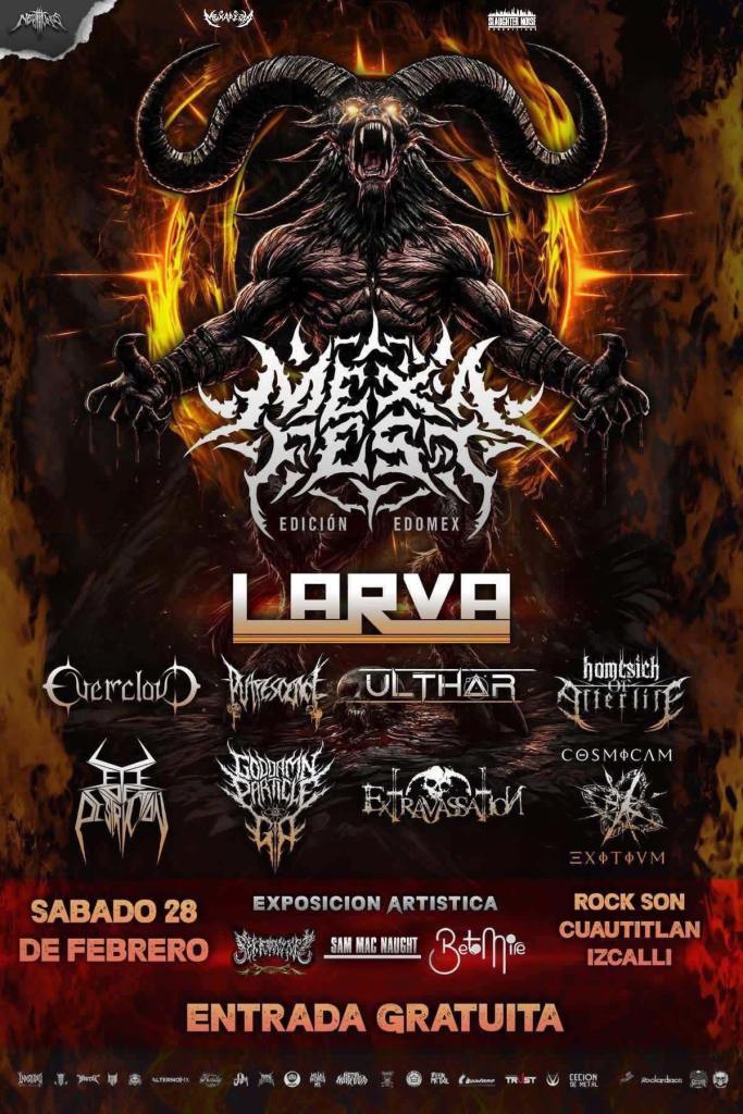 A promotional poster for the 'Muerte Fest' event in Edomex featuring the band 'Larva' and several other musical acts. The design includes a fierce, demonic figure with horns and flames in the background, along with details of the event date, location, and free entry information.