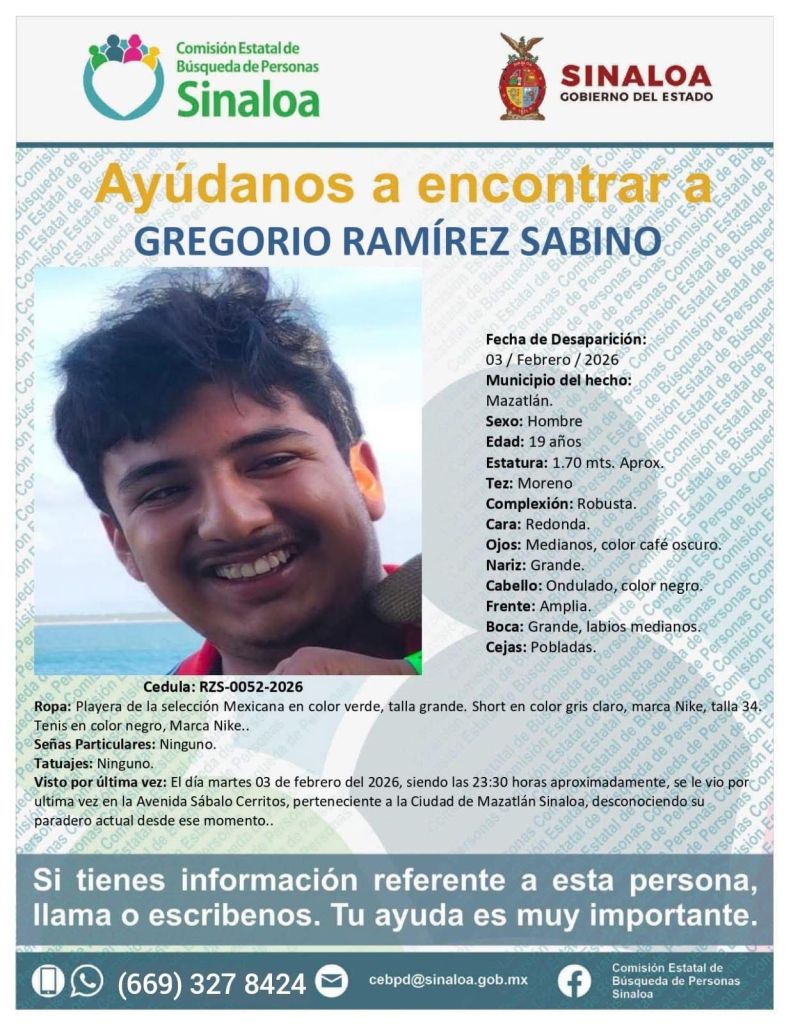 Missing person poster for Gregorio Ramírez Sabino with personal details including age, height, physical description, clothing last seen, and contact information for assistance.
