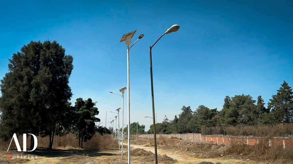Un camino con farolas solares a cada lado, árboles verdes y un cielo despejado.