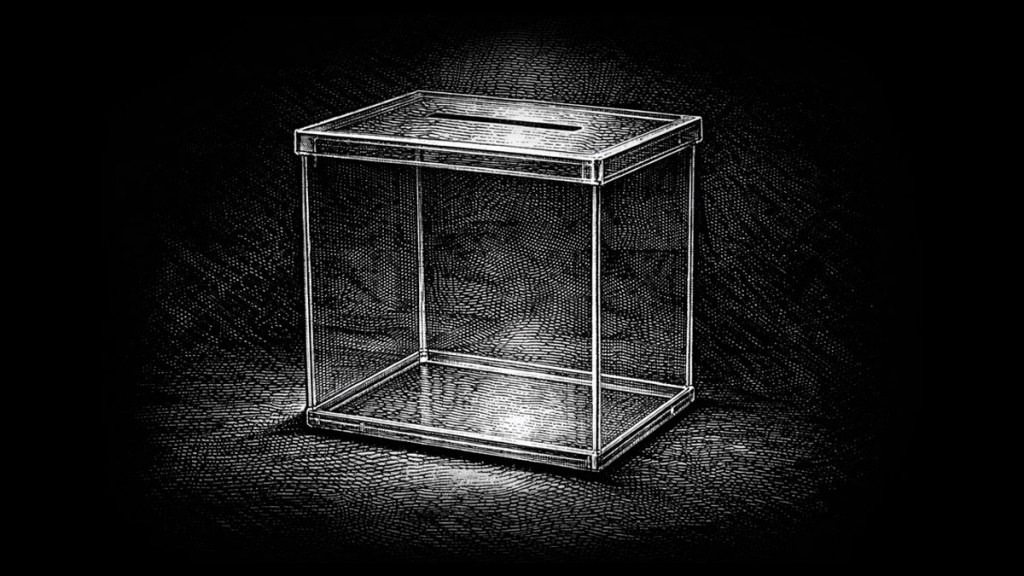 Urna de votación transparente sobre un fondo oscuro.