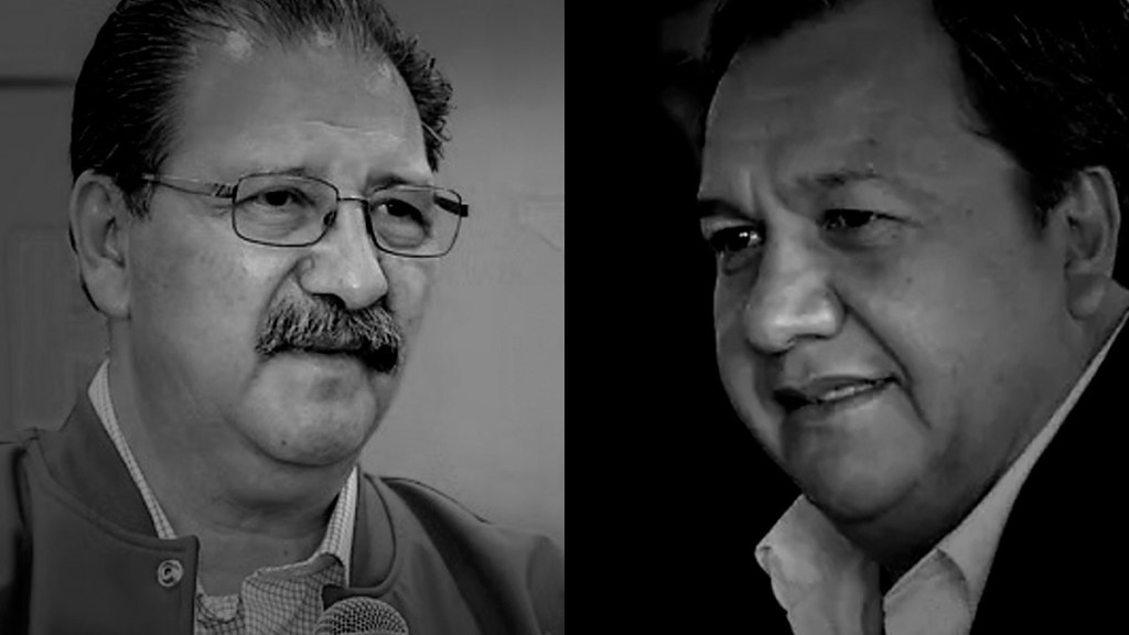 Retrato en blanco y negro de dos hombres en un fondo neutro, uno con gafas y bigote, y el otro con una expresión pensativa.