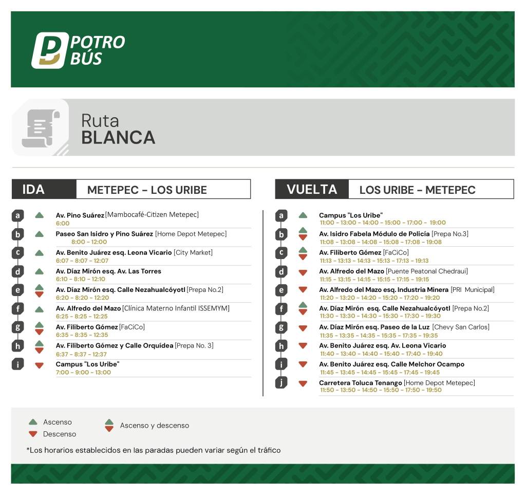 A bus route schedule for Potro Bus, detailing the Blanca route from Metepec to Los Uribe and back, including stops, times, and notes on traffic variations.