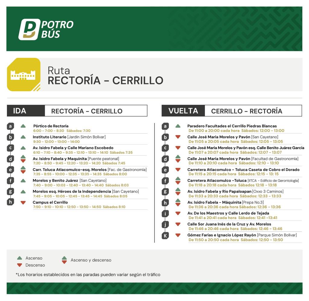 Public transportation route schedule for Potro Bus from Rectoría to Cerrillo and back, including stops and times.
