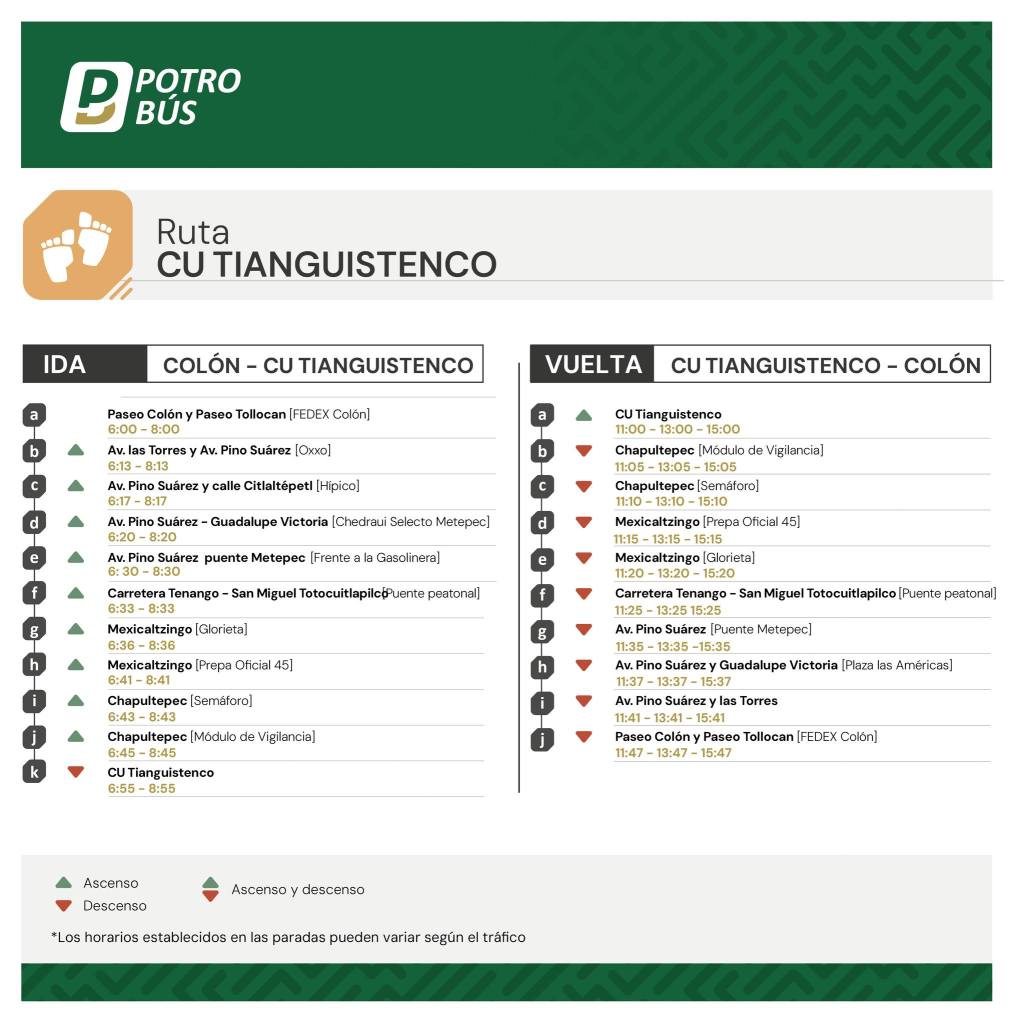 Bus route schedule for Potro Bus between Colón and Cu Tianguisteneco, detailing departure and return times at various stops.