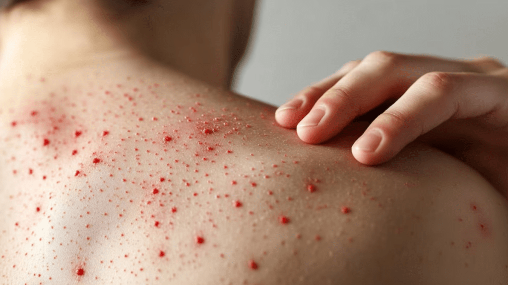 Close-up of a person's back with small red spots, indicating a skin condition, and a hand gently touching the skin.