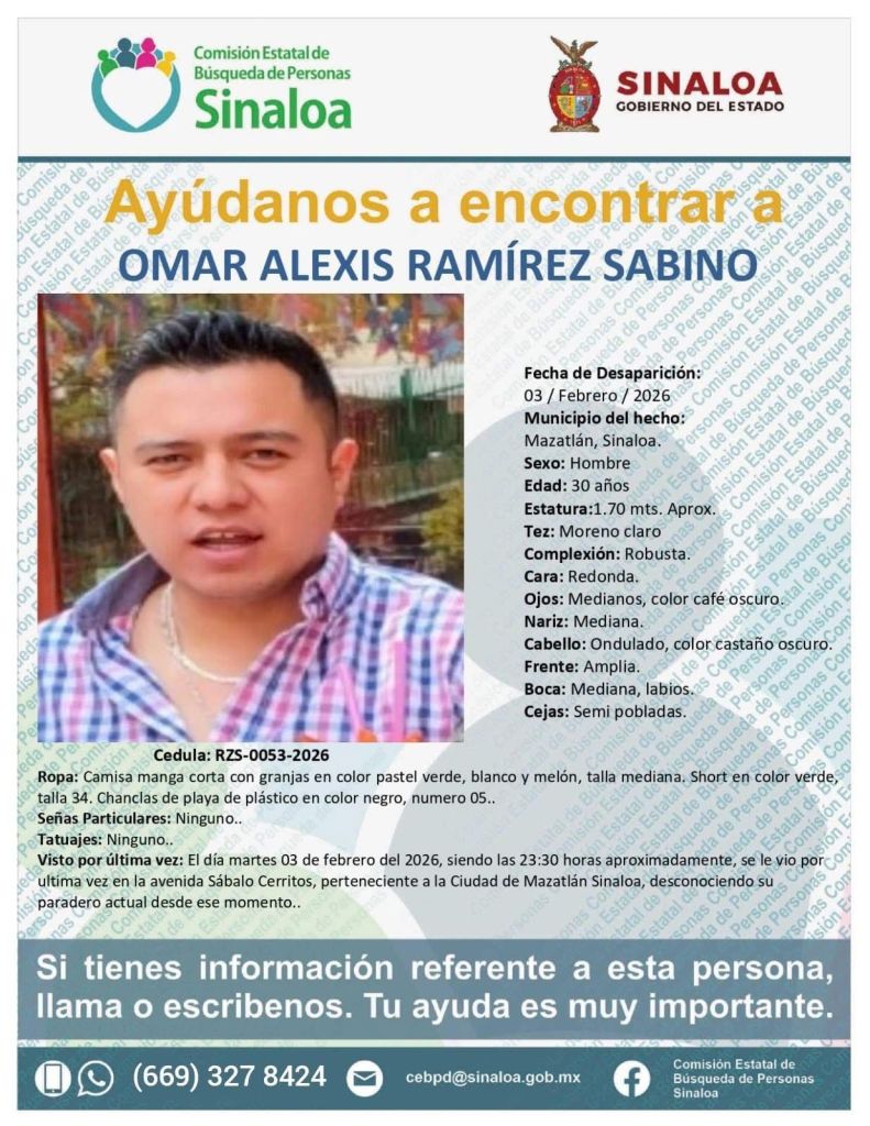 Missing person notice for Omar Alexis Ramírez Sabino, including a photo, personal details, and last seen information.