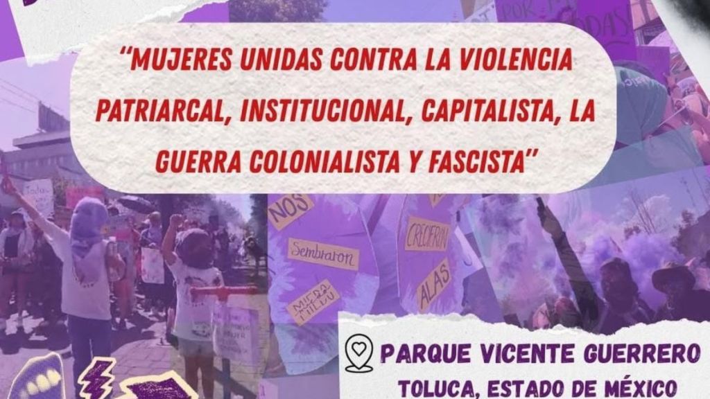 Mujeres en una manifestación con carteles en el Parque Vicente Guerrero, Toluca, Estado de México, protestando contra la violencia patriarcal, institucional, y otras formas de opresión.