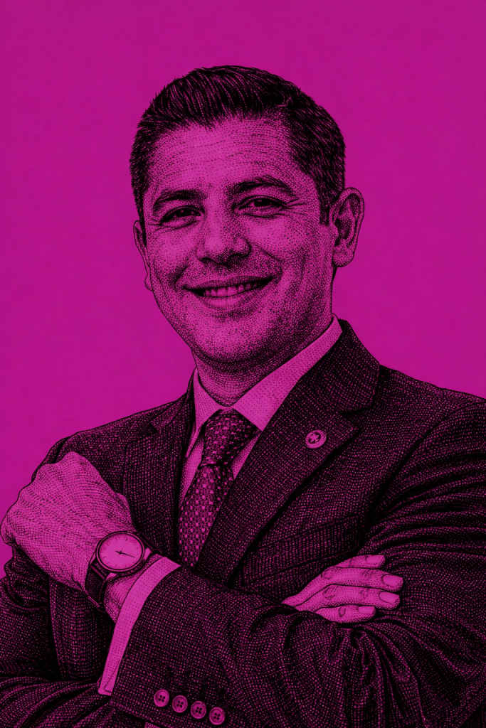 A confident man in a suit smiling and posing with his arms crossed against a vibrant pink background.
