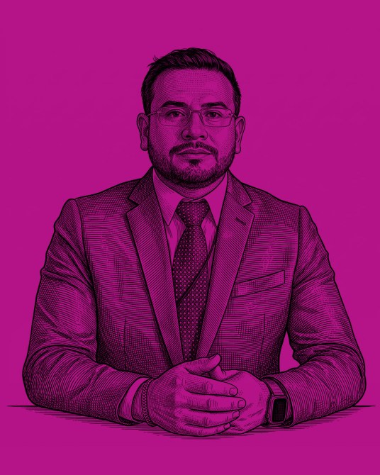 Illustration of a man in a suit sitting at a table with hands clasped, against a bright pink background.