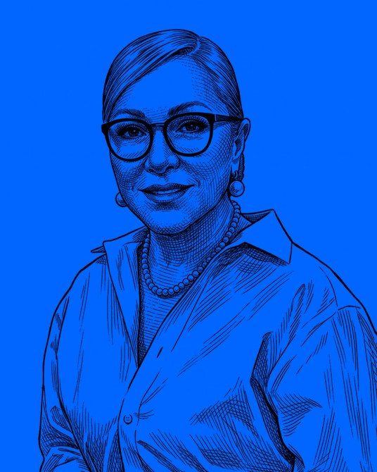 Illustration of a woman with glasses and a pearl necklace, wearing a buttoned shirt, set against a bright blue background.