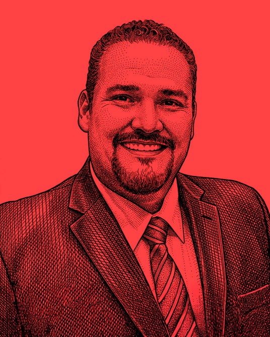 Illustration of a smiling man in a suit and tie against a red background.