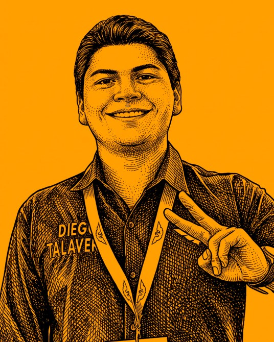 Illustration of a smiling man with dark hair, wearing a dark shirt. He is making a peace sign with his right hand, set against an orange background.