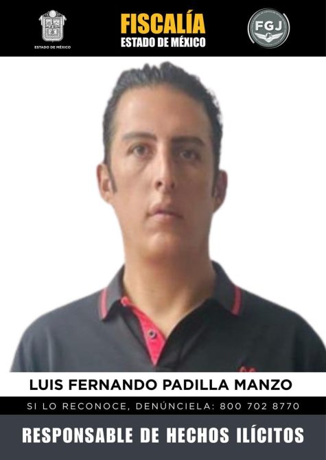 Cartel de búsqueda de Luis Fernando Padilla Manzo, identificado como responsable de hechos ilícitos, con información de contacto para denuncias.