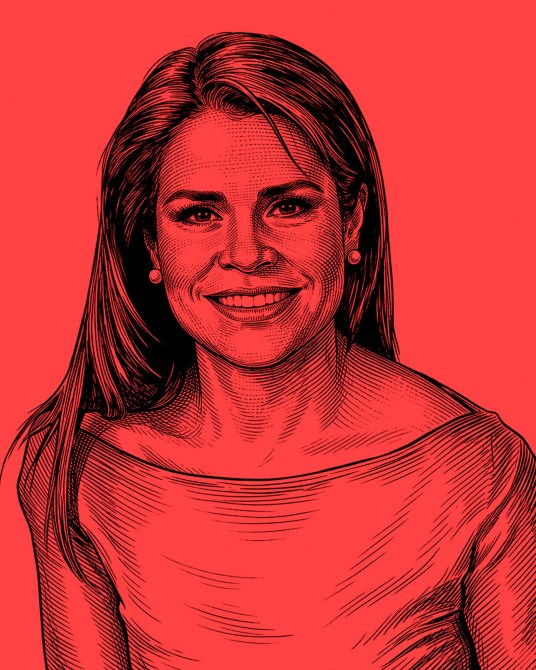 Ilustración de una mujer sonriendo con cabello largo y lacio, vestida con una blusa de cuello ancho, sobre un fondo rojo.