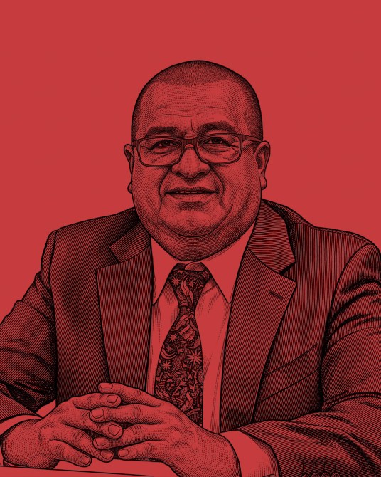 A line drawing of a man in a suit with glasses, smiling and sitting at a table, against a red background.