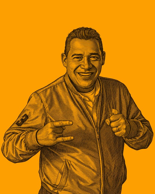 Illustration of a smiling man in a bomber jacket, making a peace sign with one hand and giving a thumbs up with the other, against a solid orange background.