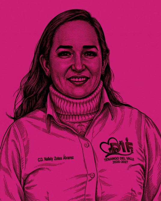 Retrato de C.D. Nalley Zotea Álvarez con una camisa blanca y un suéter de cuello alto, sobre un fondo rosa.