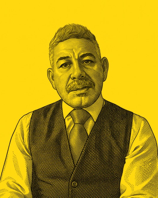 Illustration of a man with grey hair and a mustache, wearing a dark vest and tie, set against a bright yellow background.