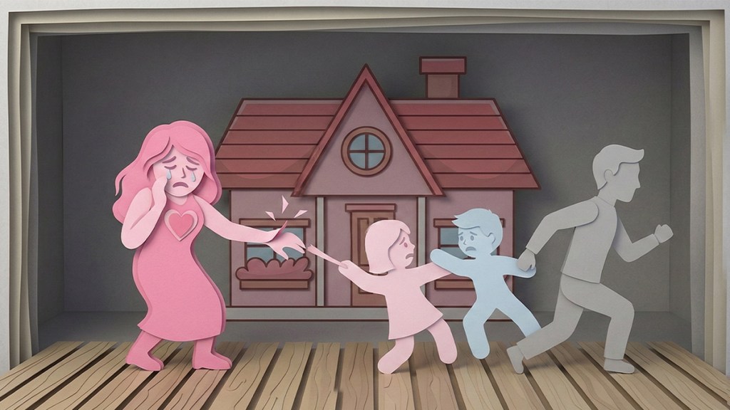 Ilustración de una mujer triste frente a una casa, mientras un hombre y dos niños se alejan de ella. La escena refleja emociones de separación y dolor.