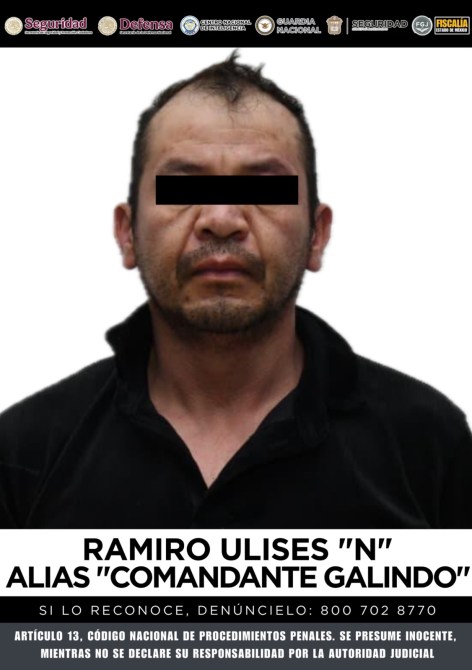 Mugshot of a man identified as Ramiro Ulises "N", alias "Comandante Galindo", with a call to action for recognition and reporting.