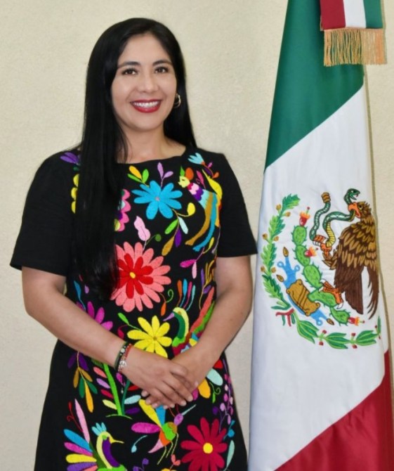 Mujer sonriendo frente a una bandera de México, vestida con un vestido tradicional colorido adornado con flores.
