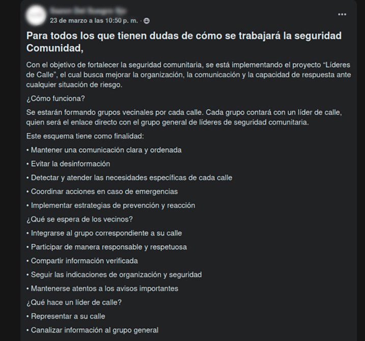 Publicación sobre el proyecto 'Líderes de Calle' para mejorar la seguridad comunitaria mediante la formación de grupos vecinales y un líder de calle para cada grupo.
