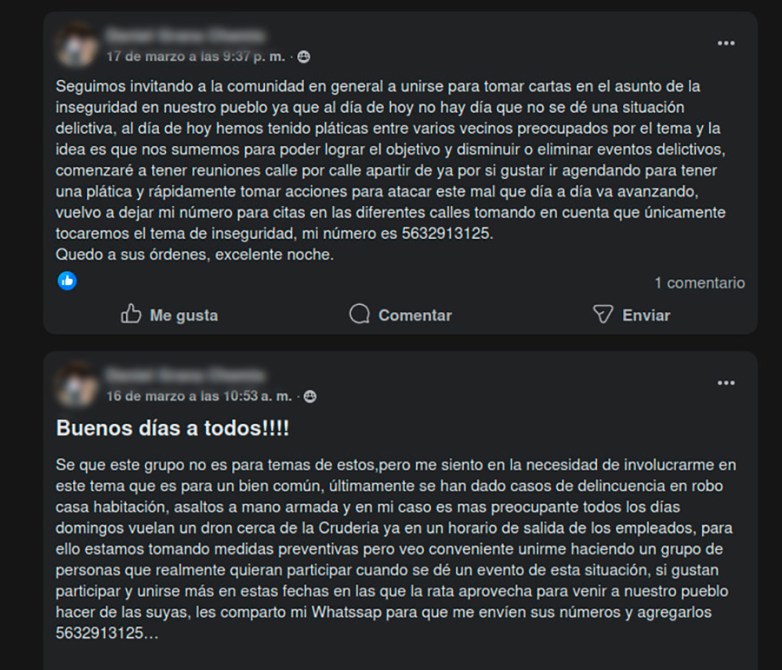 Publicación en Facebook de un usuario que invita a la comunidad a unirse para abordar problemas de inseguridad en su pueblo, mencionando la importancia de reuniones y acciones comunitarias.
