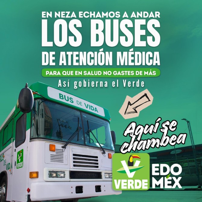 Imagen de un autobús de atención médica, pintado de verde y blanco, con el texto "BUS DE VIDA" en la parte frontal. El fondo presenta un mensaje sobre salud pública y un llamado a la comunidad para utilizar los servicios médicos accesibles.