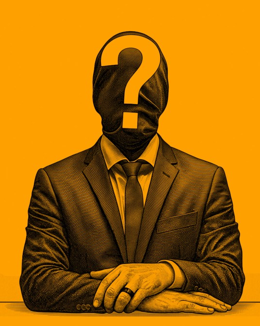 Un hombre con un traje negro y una corbata, cuya cabeza es reemplazada por un signo de interrogación, sobre un fondo naranja.