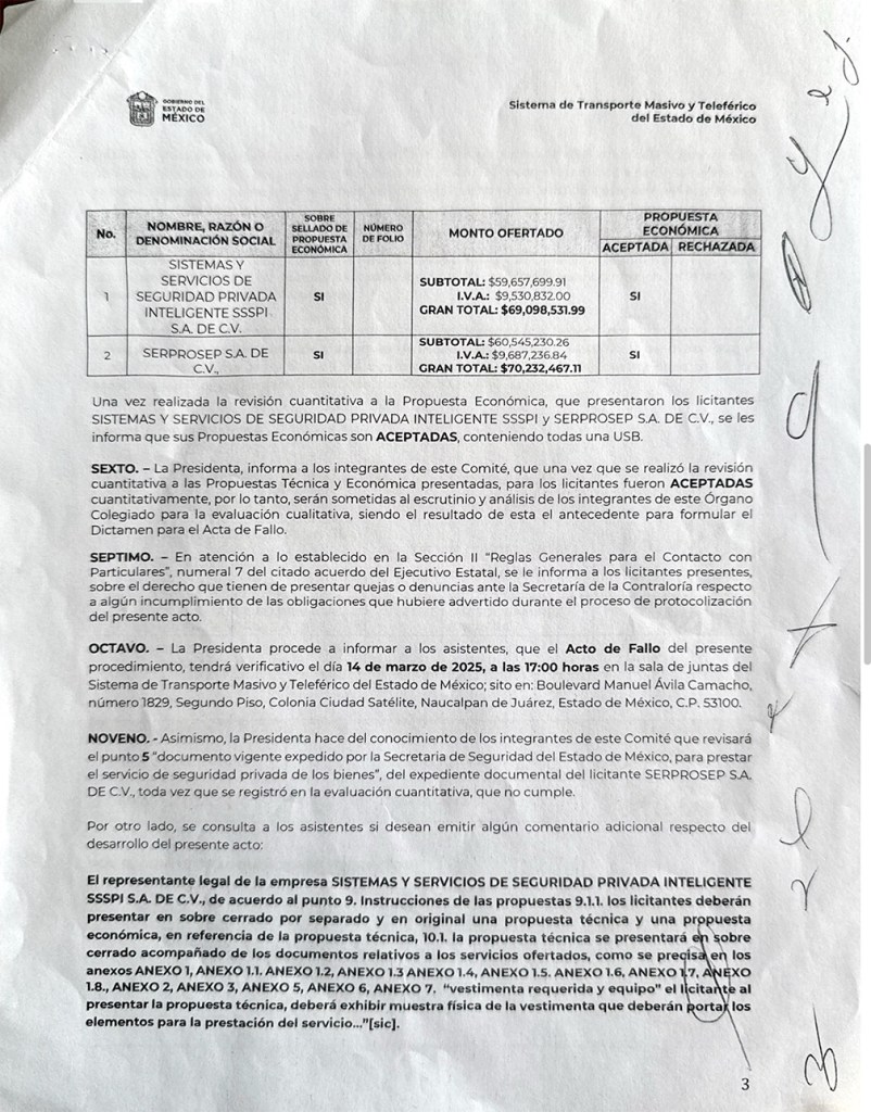 Documento oficial del Sistema de Transporte Massivo y Teleférico del Estado de México, que incluye propuestas económicas de empresas de seguridad privada.