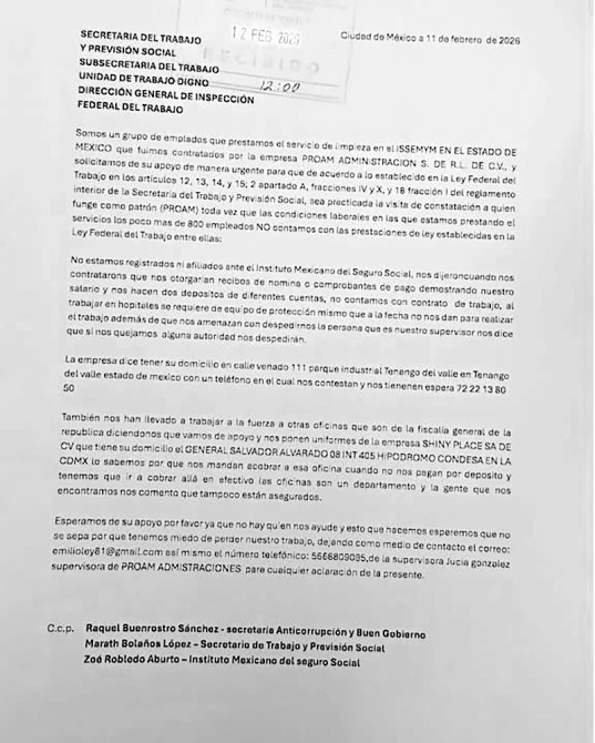 Carta dirigida a la Secretaría del Trabajo y Previsión Social en México, solicitando apoyo y aclaraciones sobre condiciones laborales y afiliaciones al Seguro Social para empleados de la empresa PROAM ADMINISTRACIONES.