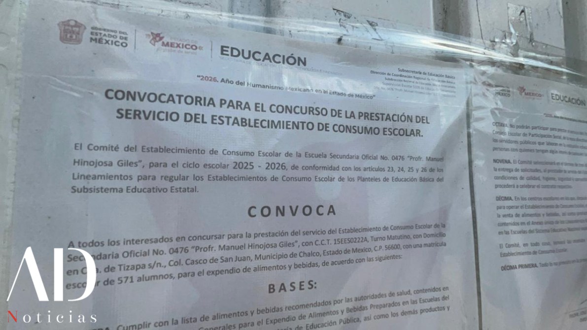 Cartel informativo sobre la convocatoria para el concurso del servicio de consumo escolar en la Escuela Secundaria Oficial No. 0476 'Profr. Manuel Hinojosa Giles' para el ciclo escolar 2025-2026.