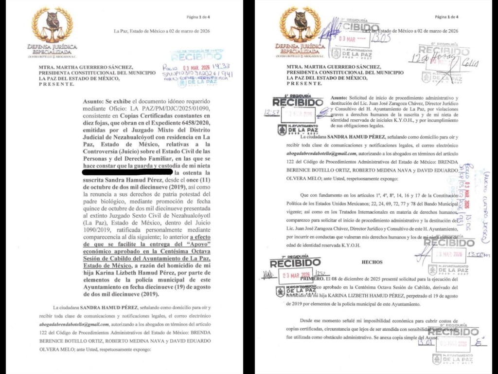 Documento oficial dirigido a la Mtra. Martha Guerrero Sánchez, con referencia a un caso legal en La Paz, Estado de México, relacionado con derechos humanos y procedimientos administrativos.
