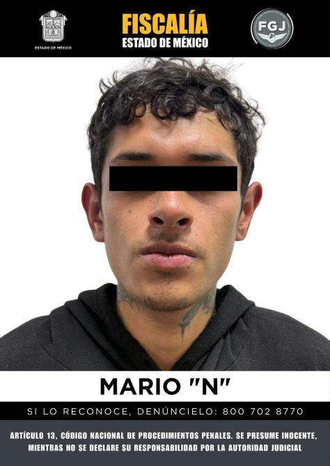 Imagen de un individuo con el nombre 'Mario N', con un fondo blanco y un texto que indica la Fiscalía del Estado de México y un número de denuncia.