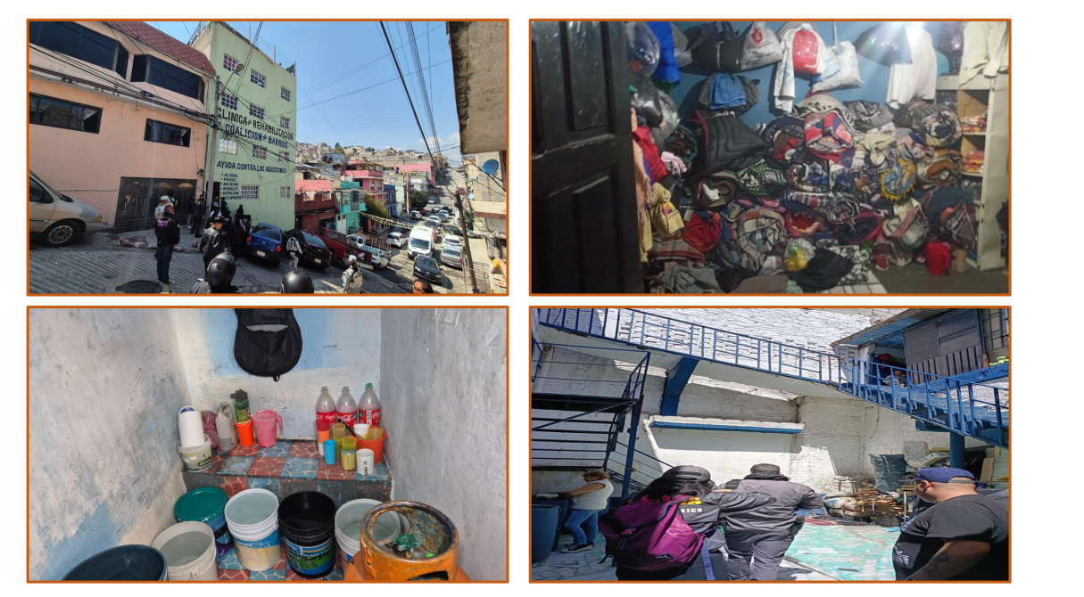 Vista de una calle con tráfico y personas en la entrada de un centro de rehabilitación.