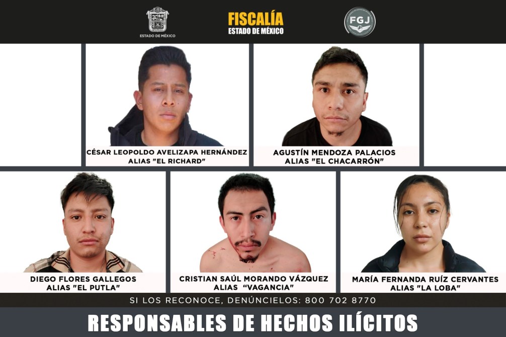 Cartel de la fiscalía del Estado de México mostrando a cinco individuos acusados de hechos ilícitos, con sus nombres y apodos.