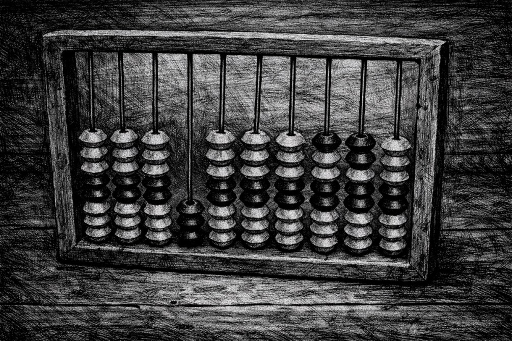 Un ábaco de madera con cuentas en tonos oscuros y claros sobre un fondo de madera.