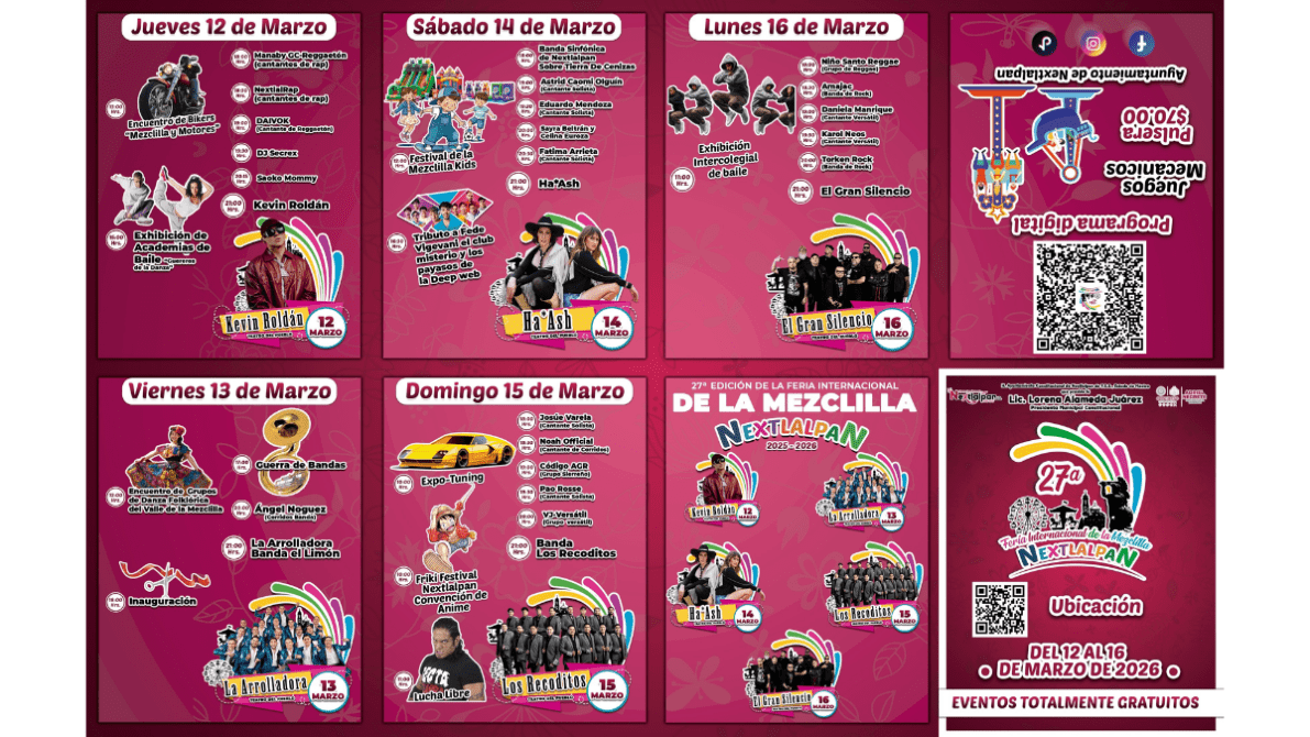 Cartel de la 27a edición de la Feria Internacional de la Mezclilla en Nextlalpan, con fechas del 12 al 16 de marzo de 2026 y eventos gratuitos.